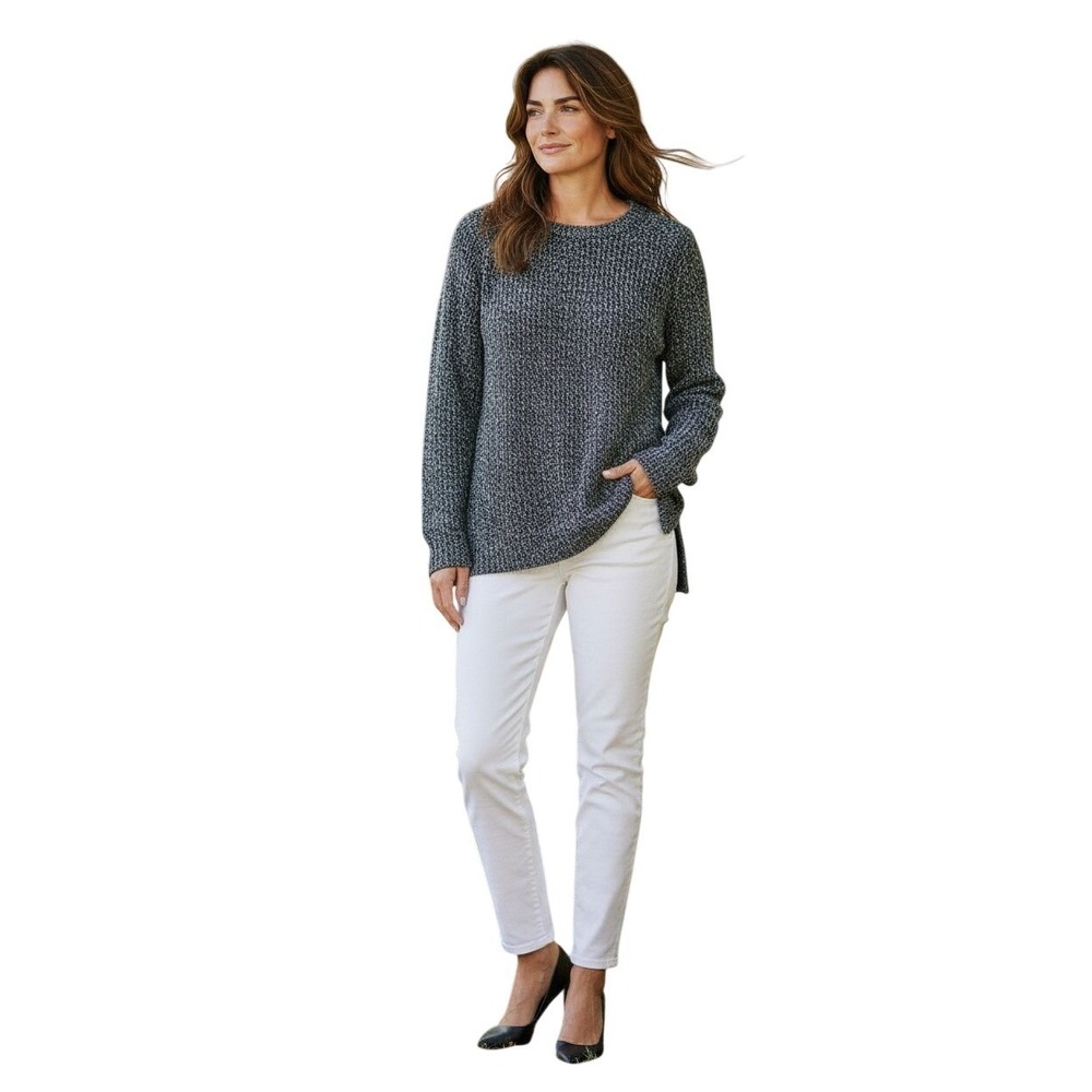 Pure Jill Speckled Knit Sweater‎ Crew Neck Long Sleeve Petite Fits  Blue White